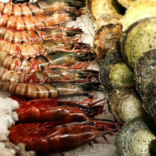 Fresh prawns, clams, and other seafood is laid out on ice waiting to be sold at a fishmonger