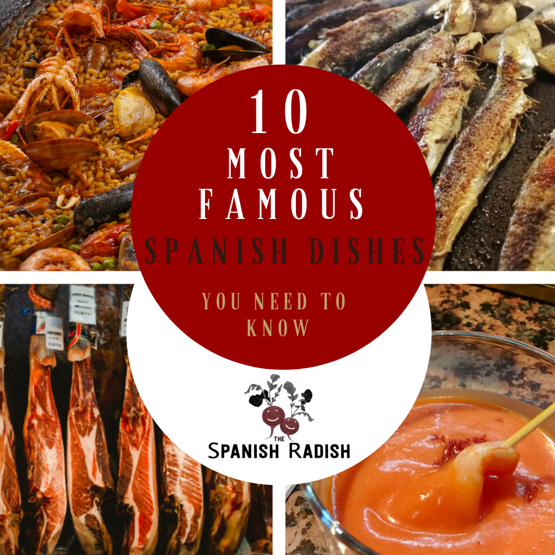 infographic displaying 4 photos of the most famous dishes in Spain; jamon iberico, paella, gazpacho, and boquerones froitos