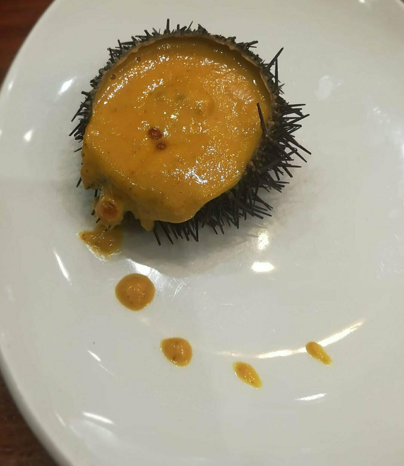 A sea urchin is cut in half on a pristine white plate, the sauce is dotted creatively from the urchin
