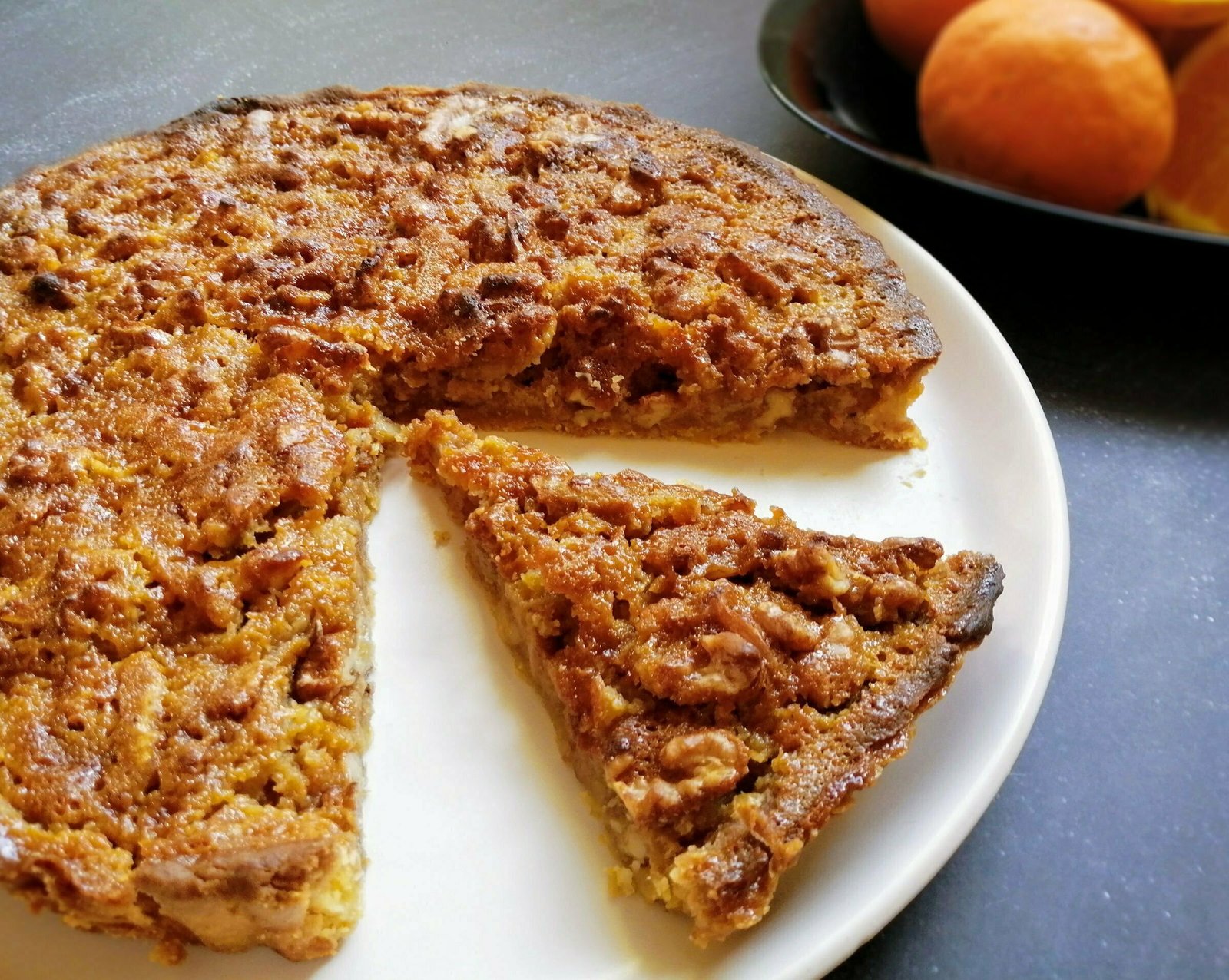 Walnut tart with orange and honey-infused salted caramel