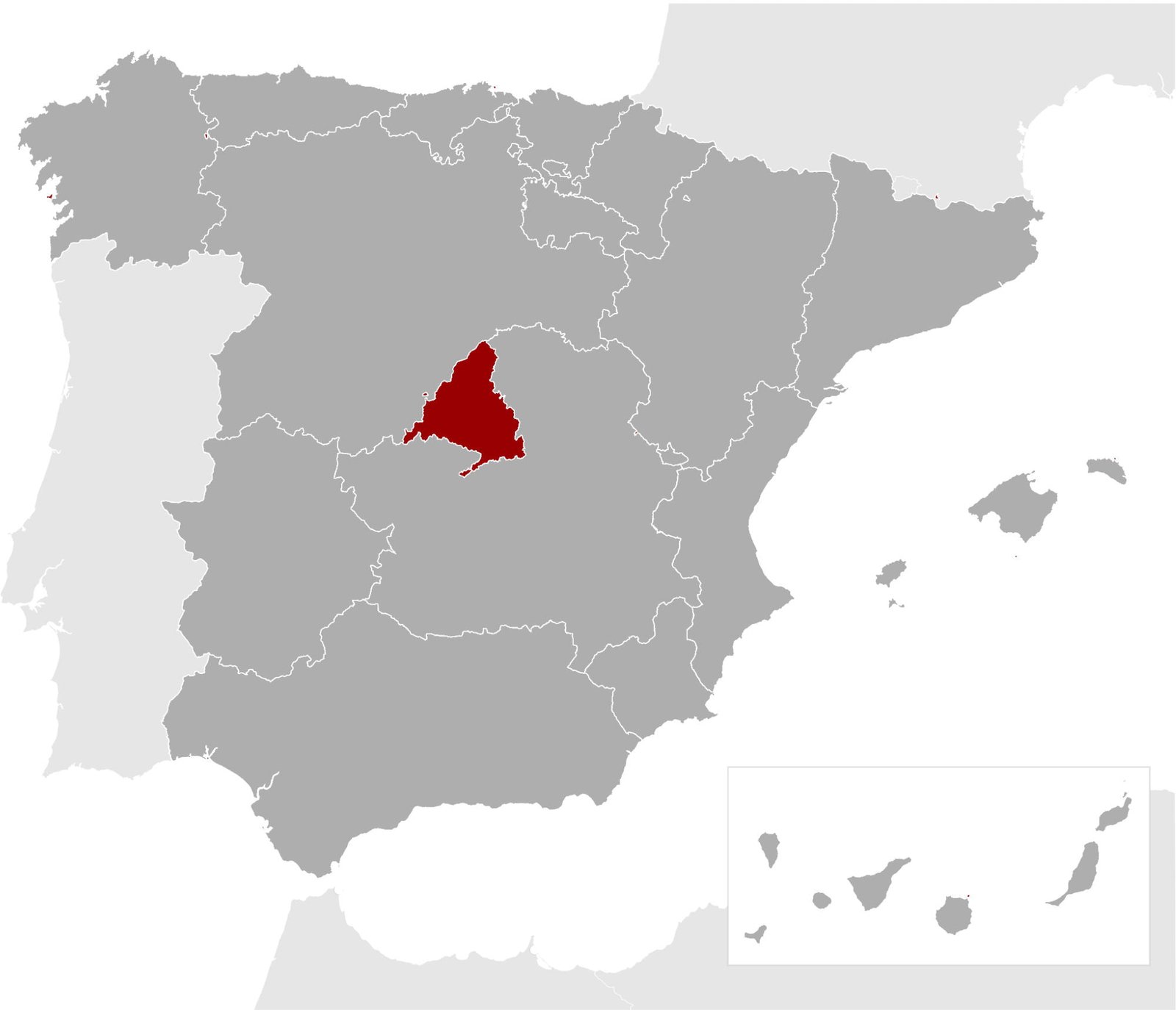 Infographic map of Spain showing the center region of madrid highlighted in red
