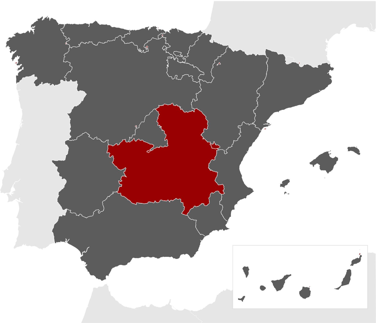 A infographic of Spain showing the region of Castilla-La Mancha highlighted in red