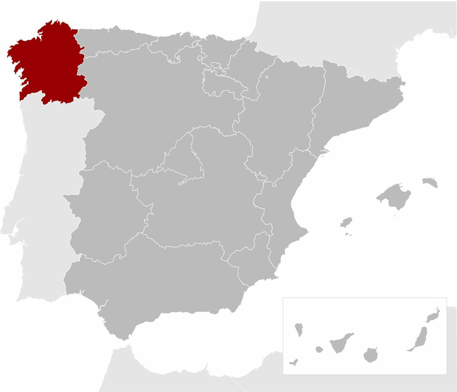 A regional map of Spain detailig the boundaries and location of the Galicia region in the northwest