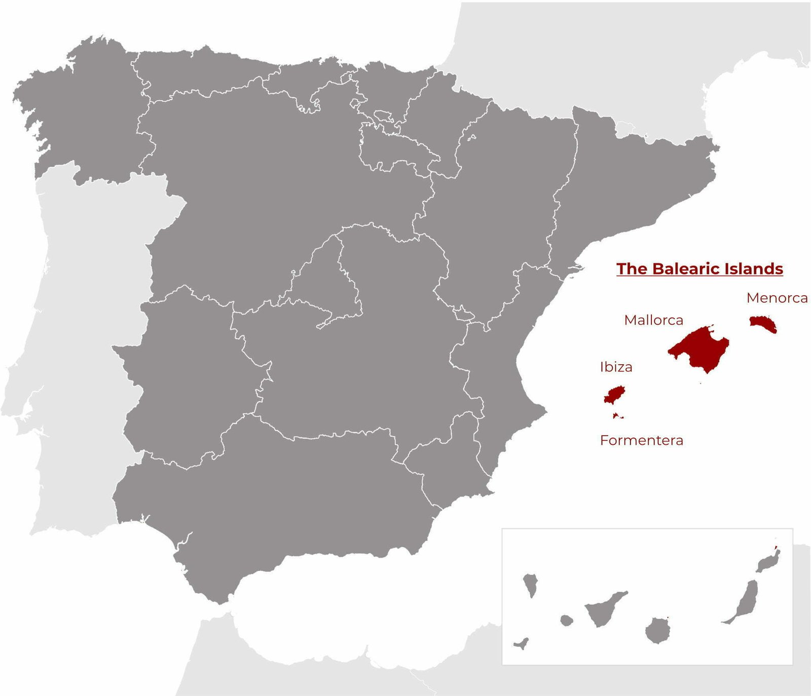 An infographic showing a regional map of Spain and the location of the Balearic Islands