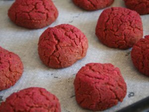 A tray of baked beetroot falafels made with this beetroot falafel recipe