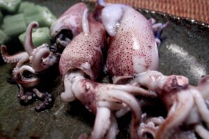 Some baby squid sits on a slate after being cleaned in fresh water