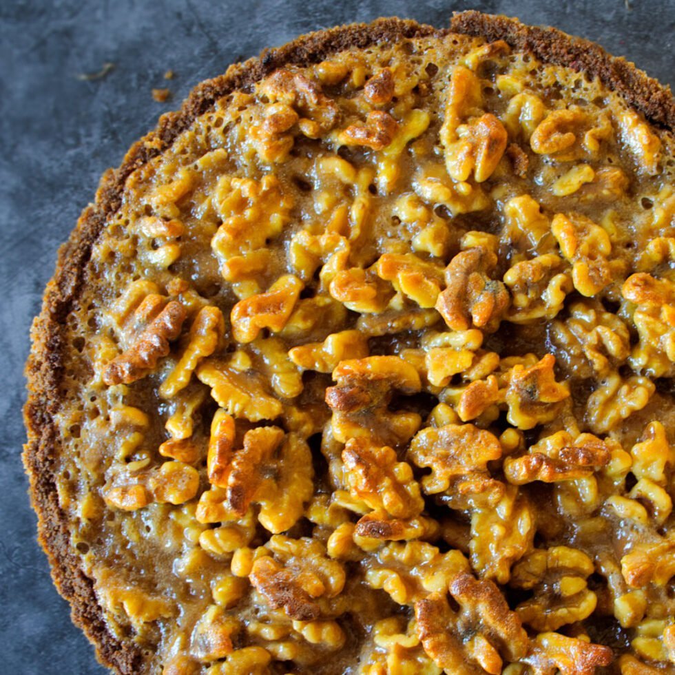 Walnut tart with orange-infused salted caramel