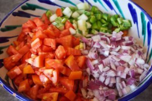 a bowl of diced tomato, red and green peppers, and red onion sits waiting to be served.
