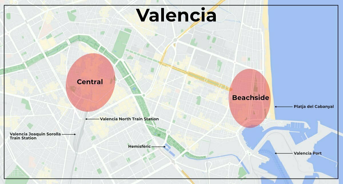 infographic showing a map of Valencia and locating central and beachside zones