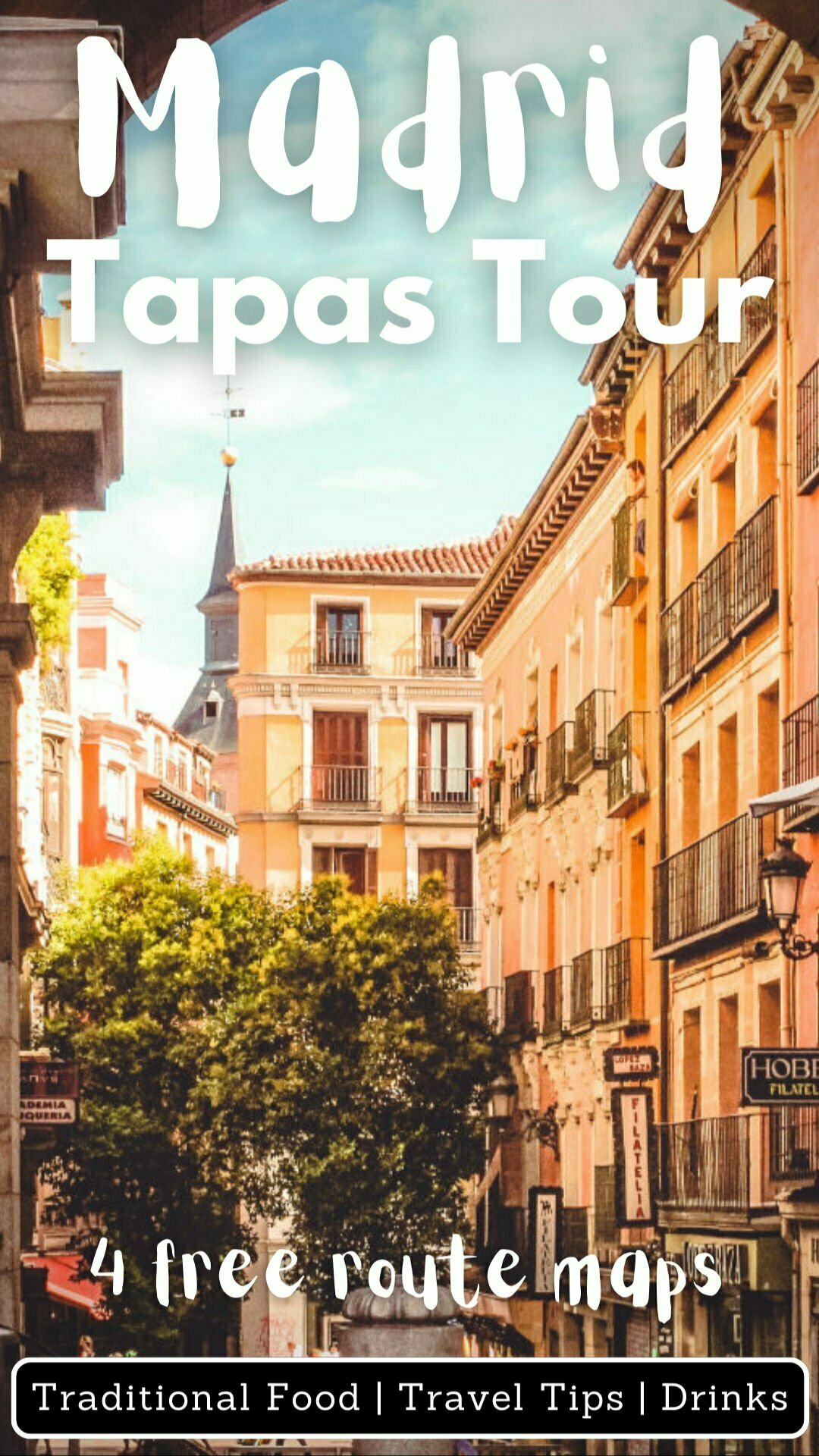 a bustelong street scene of Madrid city with. some pastel colored buildings and tapas bars