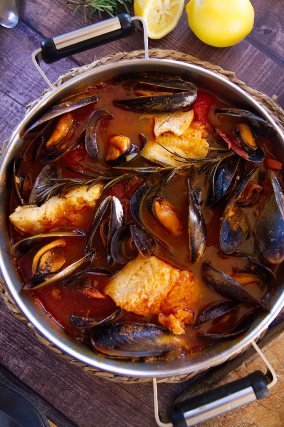 A large pot of Mediterranean Fish stew waits to be served