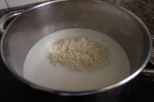 rice and milk in a saucepan