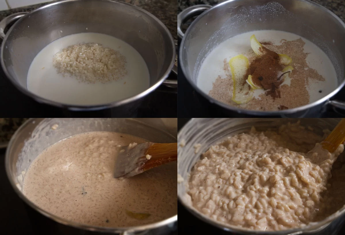 steps showing how to make arroz con leche