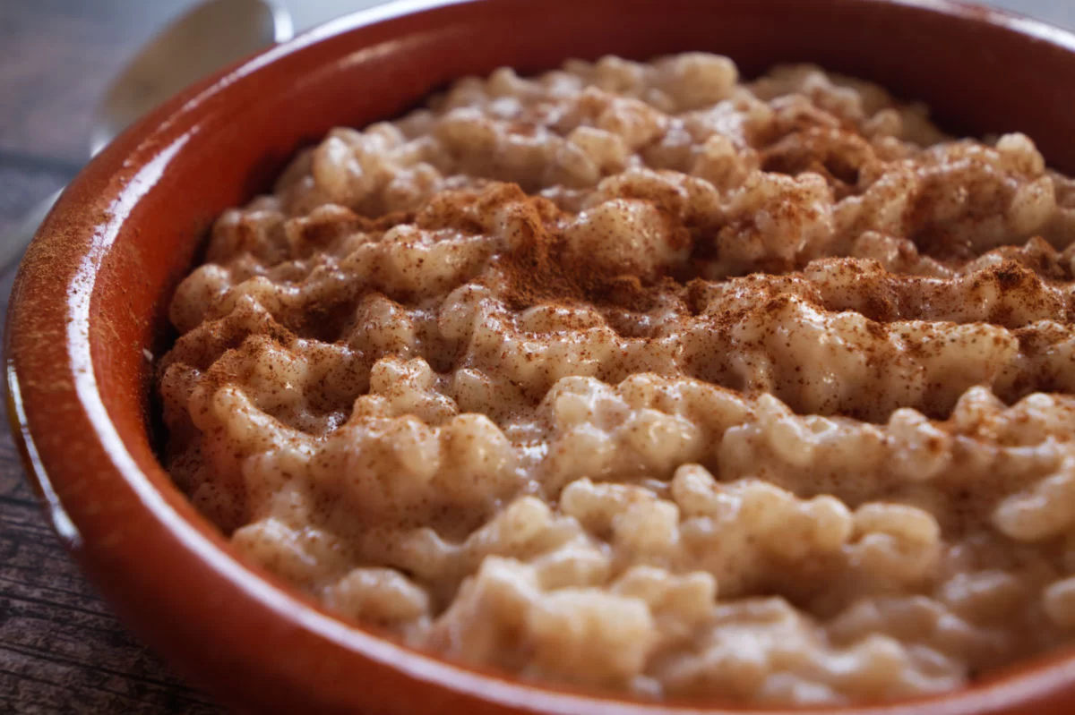 some arroz con leche sits in an earthenware dish with some ground cinnamon sprinkled on top