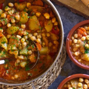 a large pot of chickpea stew (Potaje de Garbanzos) waiting to be served
