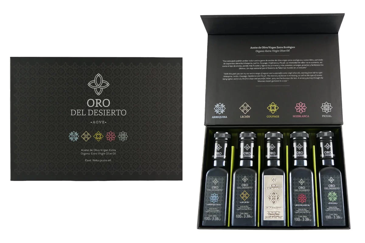 a boxed gift set of 5 varieties of olive oil from Oro del Desierto