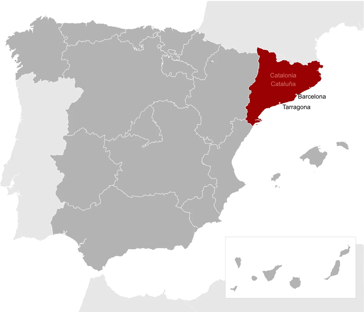 A map of Spain illustrating Tarragona and barcelona on a map
