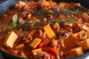 a large pot of sweet potato and chorizo simmeres with some fresh sprigs of rosemary