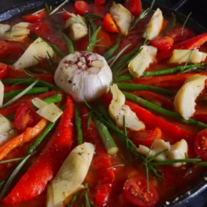 Sliced pepper, asparagus, and a head of garlic garnish a pan of arroz al horno.