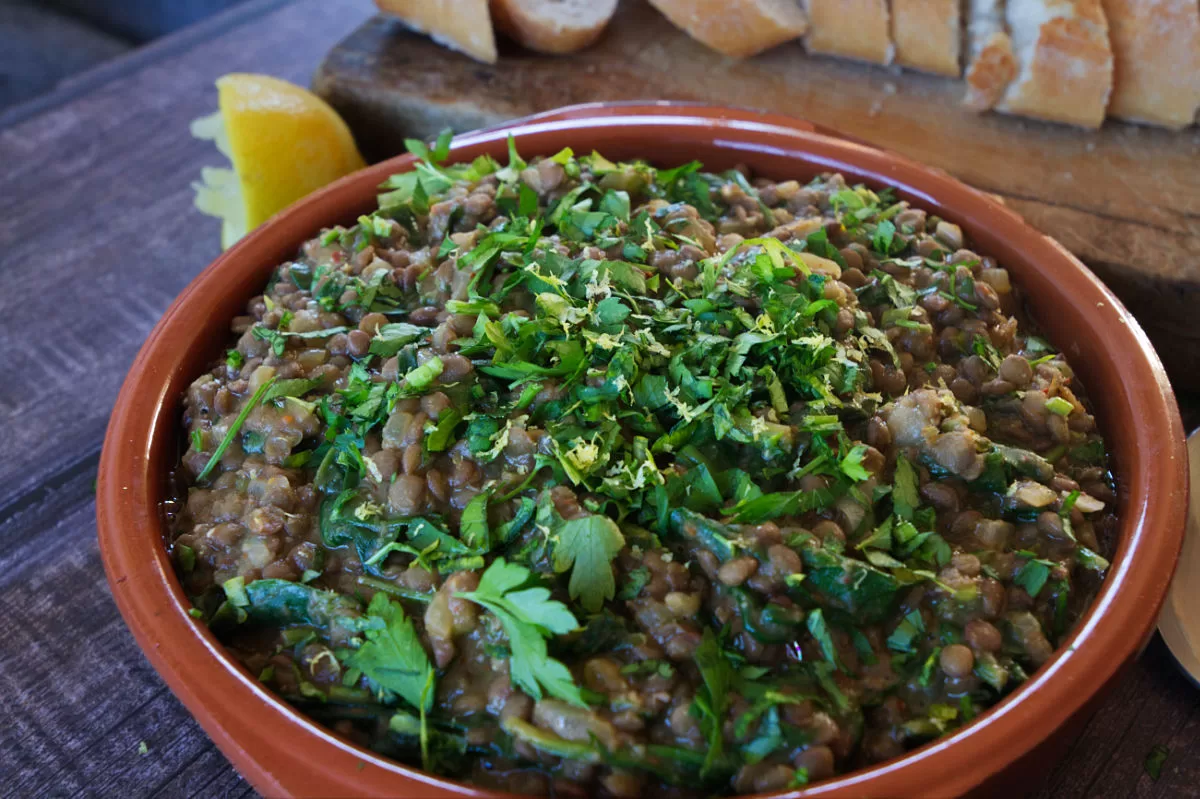 A large bowl of Mediterranean Lentil and Spinach stew