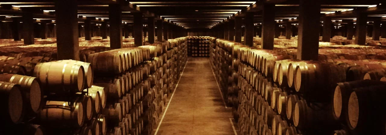 Wine barrels line a large corridor