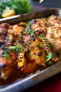 a tray of baked chicken thighs is garnished with some freshly chopped parsley