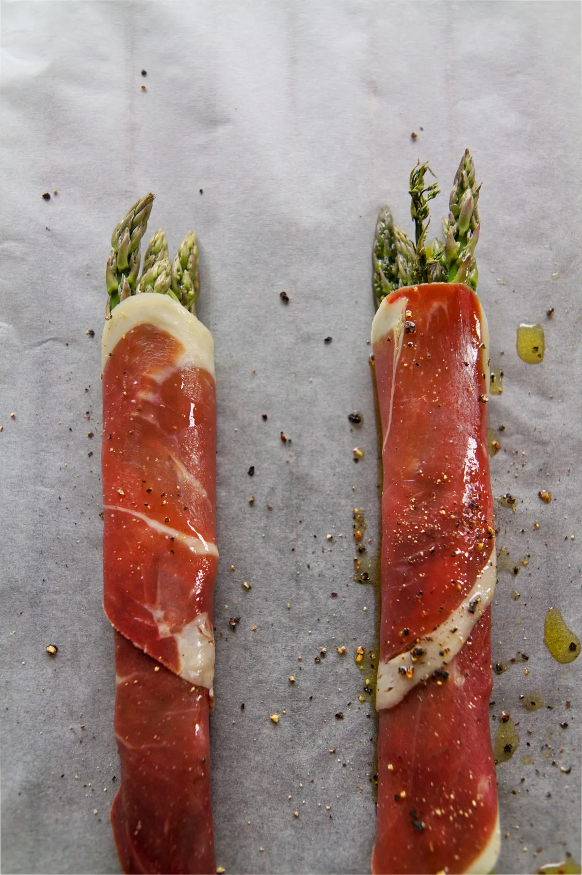 Asparagus spears wrapped in Serrano ham.