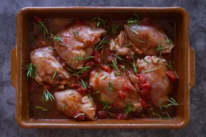 A dish of uncooked chicken thighs with a tomato, herb, and red wine marinade.