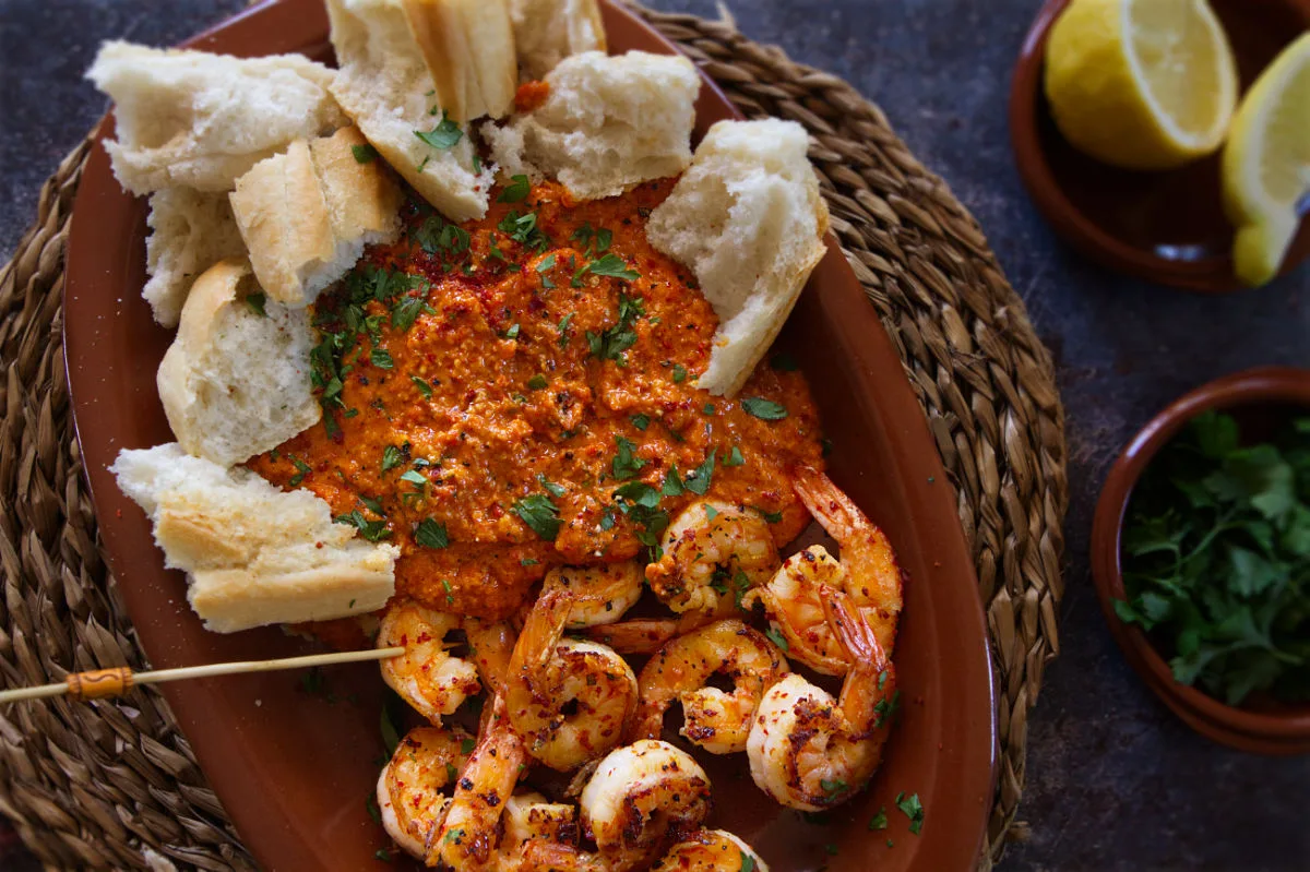 pan-fried spicy shrimp with romesco sauce