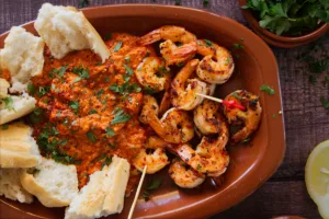 pan-fried spicy shrimp with romesco sauce