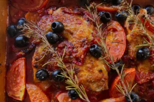 A large casserole dish of Mediterranean boneless chicken thighs with a rich red sofrito sauce.