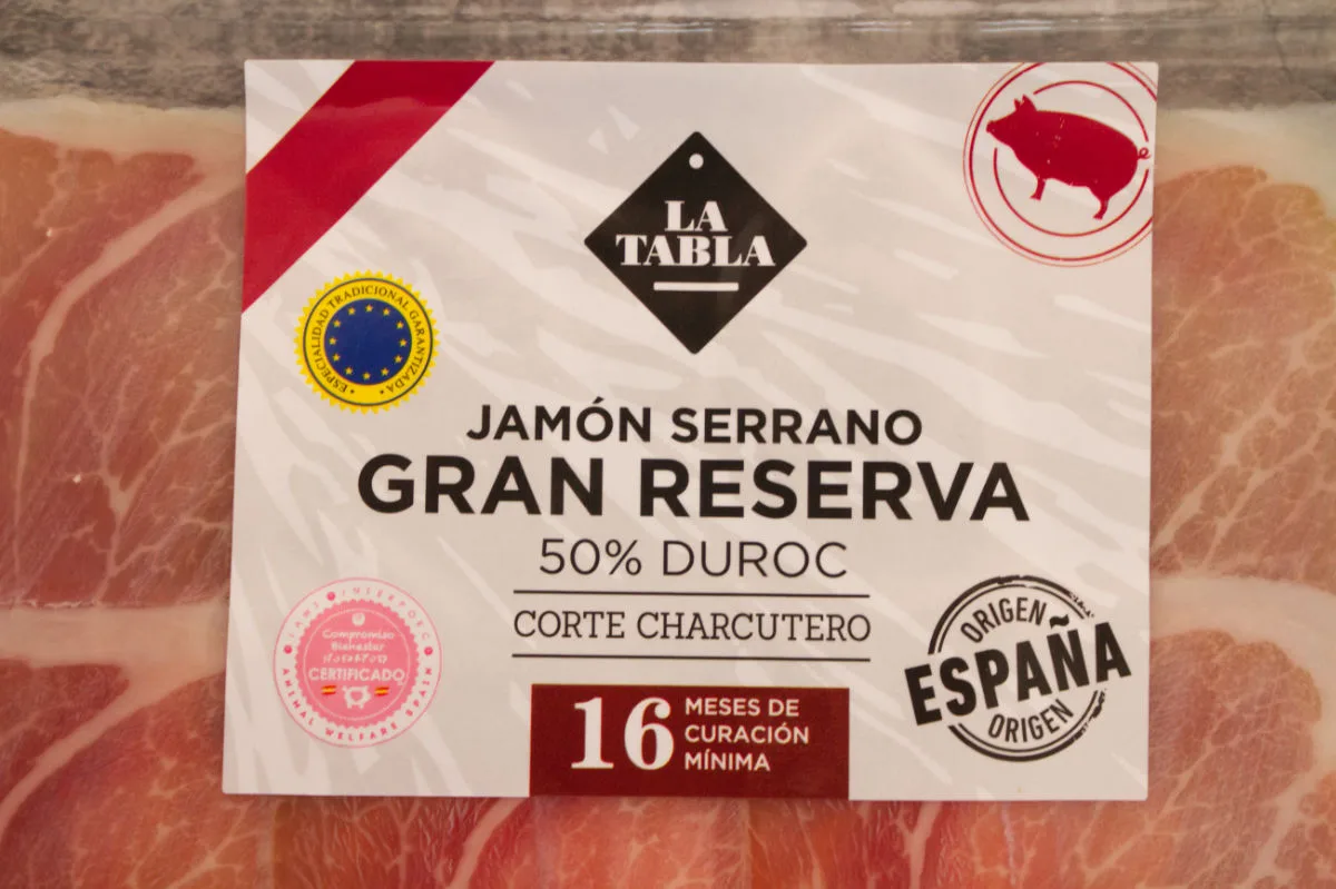 A package of Gran reserva Serrano ham aged 16 months 