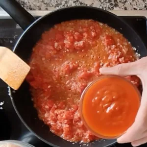 tomatoes and tomato paste are addded to a pan with onions.