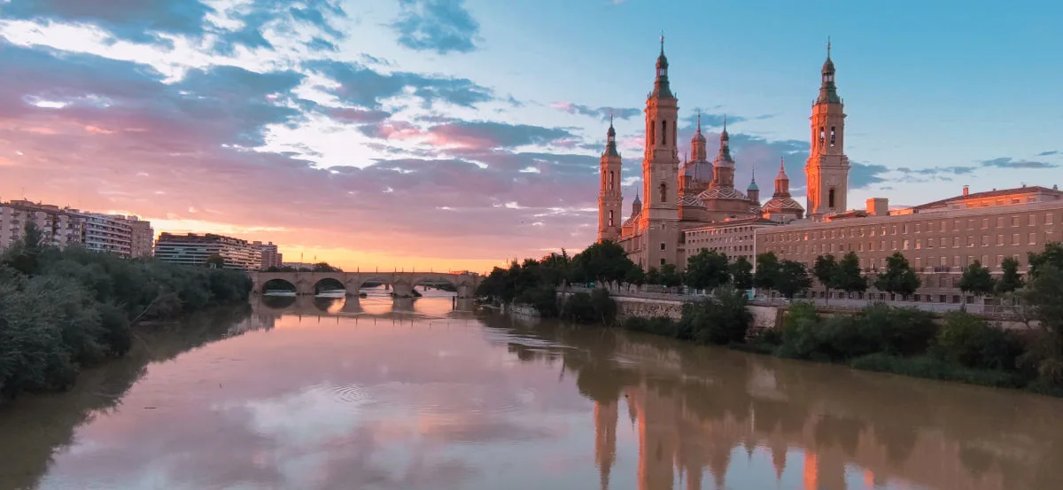 Zaragoza city center with ebro river and catherdal in backgroud. 