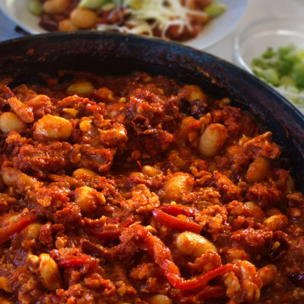 A large pan of Chicken chorizo chili.