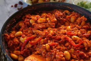 A large pan of Chicken chorizo chili.