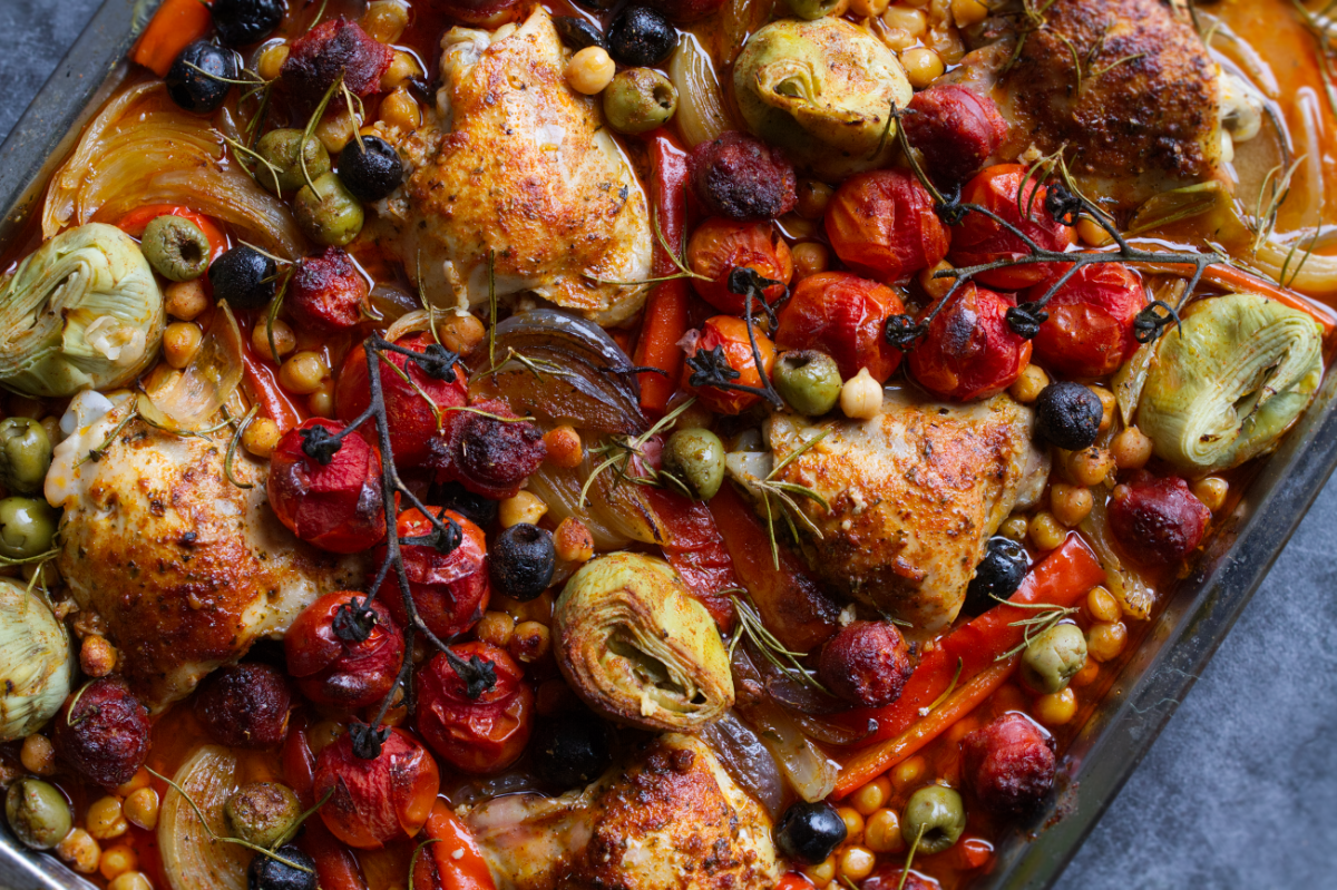 A sheet pan of chicken thighs with chorizo and roasted veg.