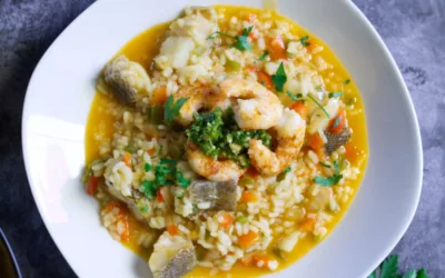 Brothy Fish Stew with Shrimp, Rice, and Pesto Paste (Arroz Caldoso de Pescado)