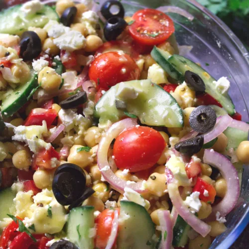 Mediterranean chickpea salad in a large bowl.