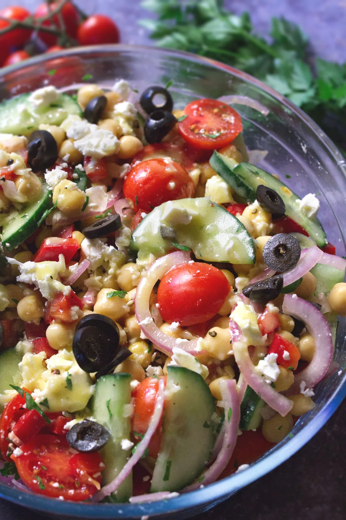 Mediterranean chickpea salad in a large bowl.