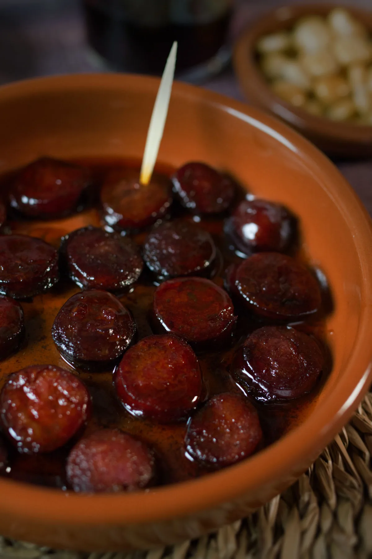 A small tapas serving of chorizo in red wine