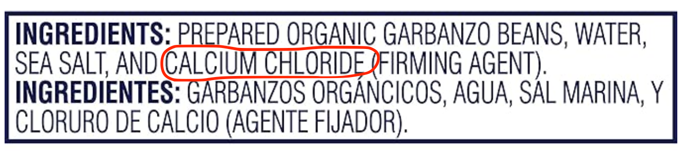 ingredients label on a can of chickpeas